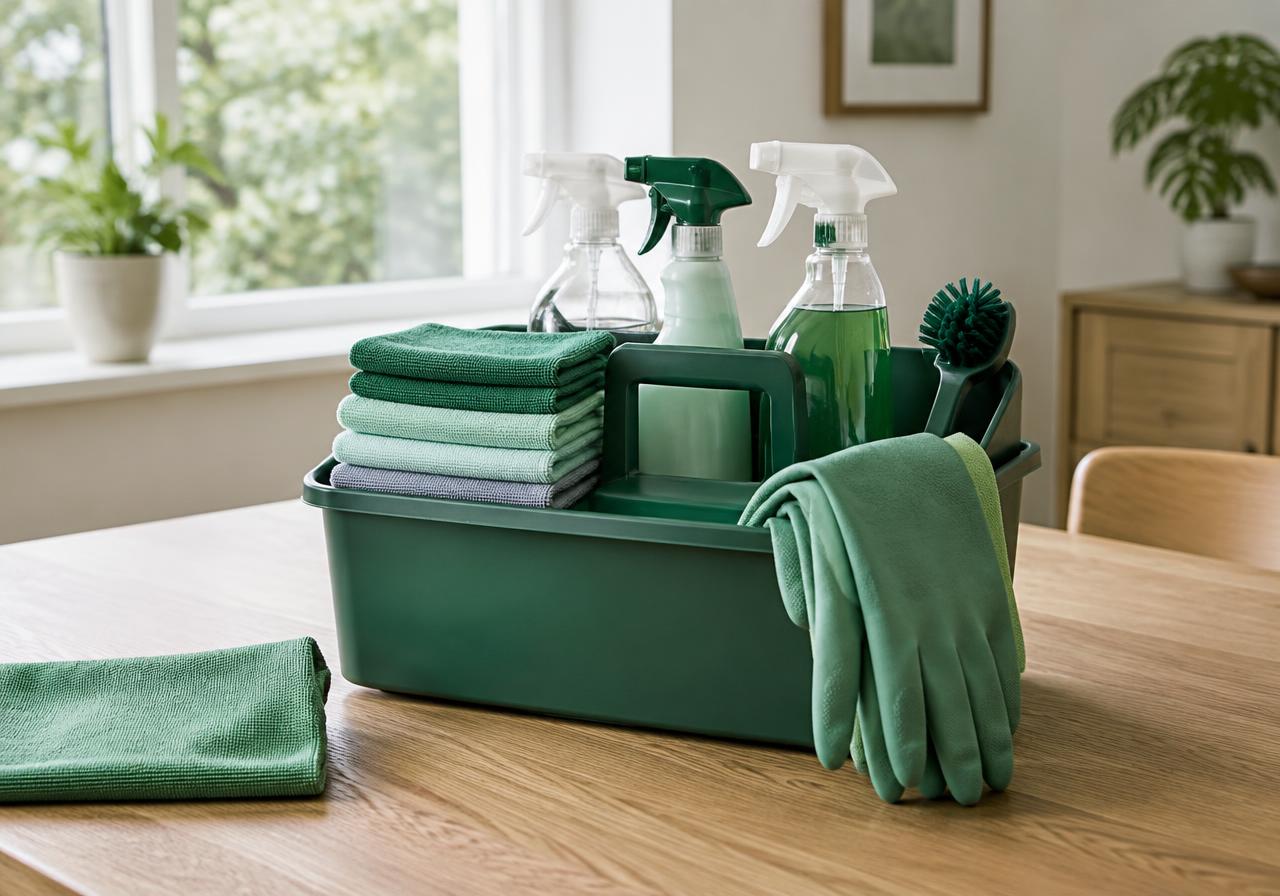 Neatly organised cleaning caddy with colour-coded microfibre cloths and gloves