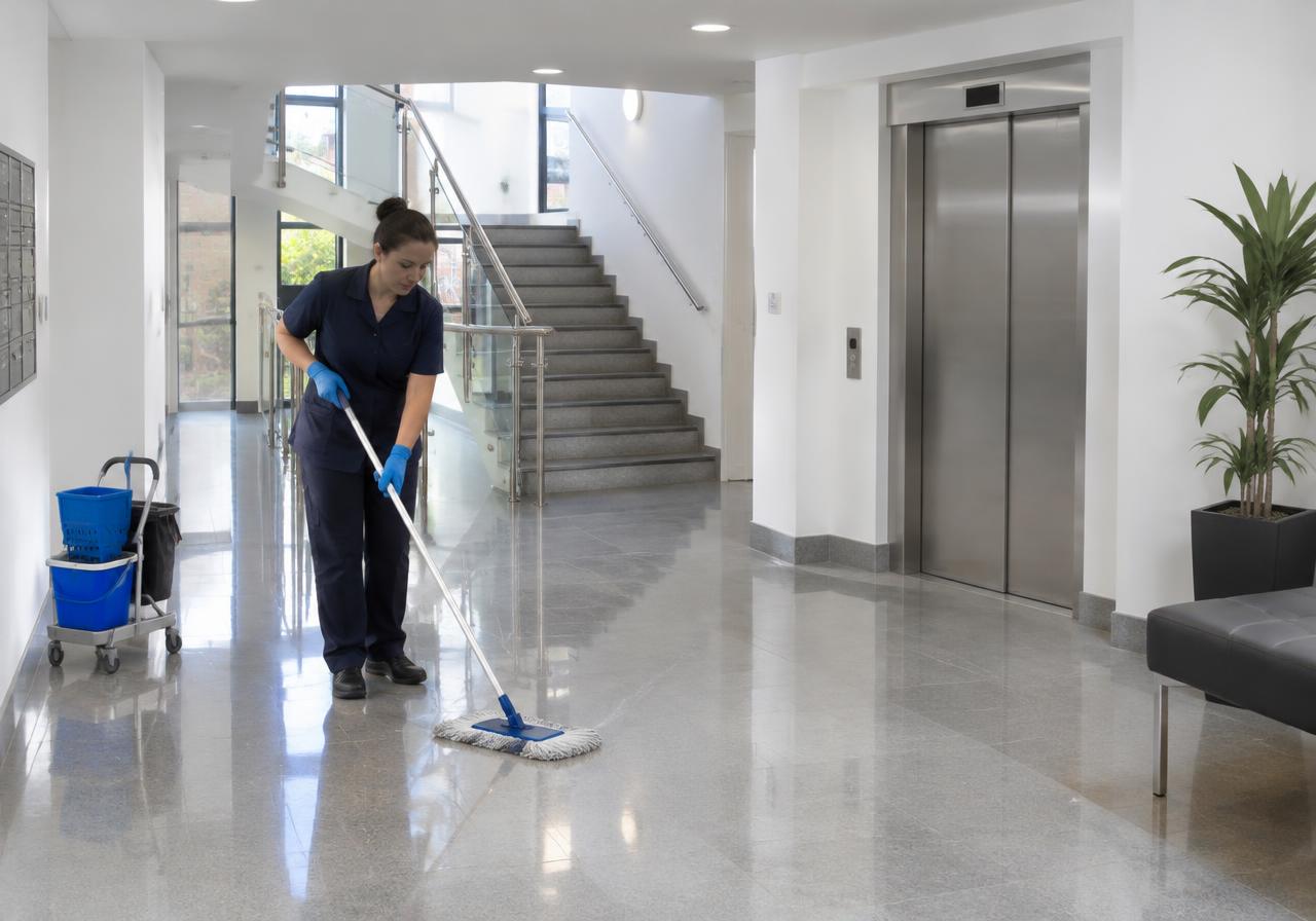 Cleaner mopping the polished floor of a bright apartment block entrance hall
