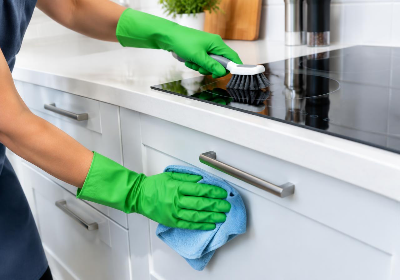 Gloved hands detail-cleaning a kitchen hob and cabinet door
