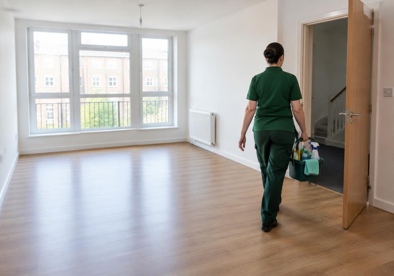 Cleaner carrying a caddy of supplies through an empty, freshly cleaned rental flat
