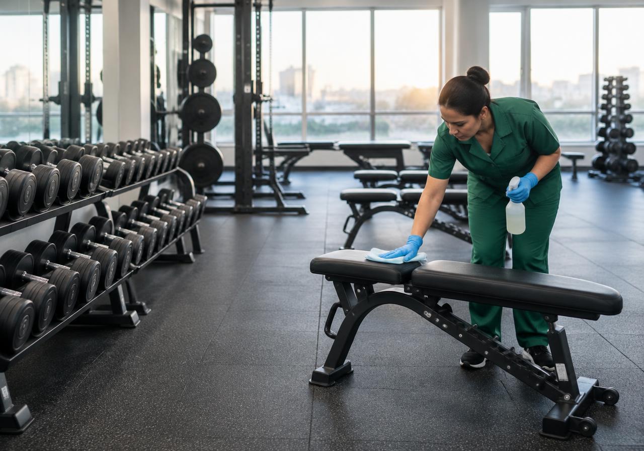 Cleaner wiping down a weight bench on a clean, quiet gym floor