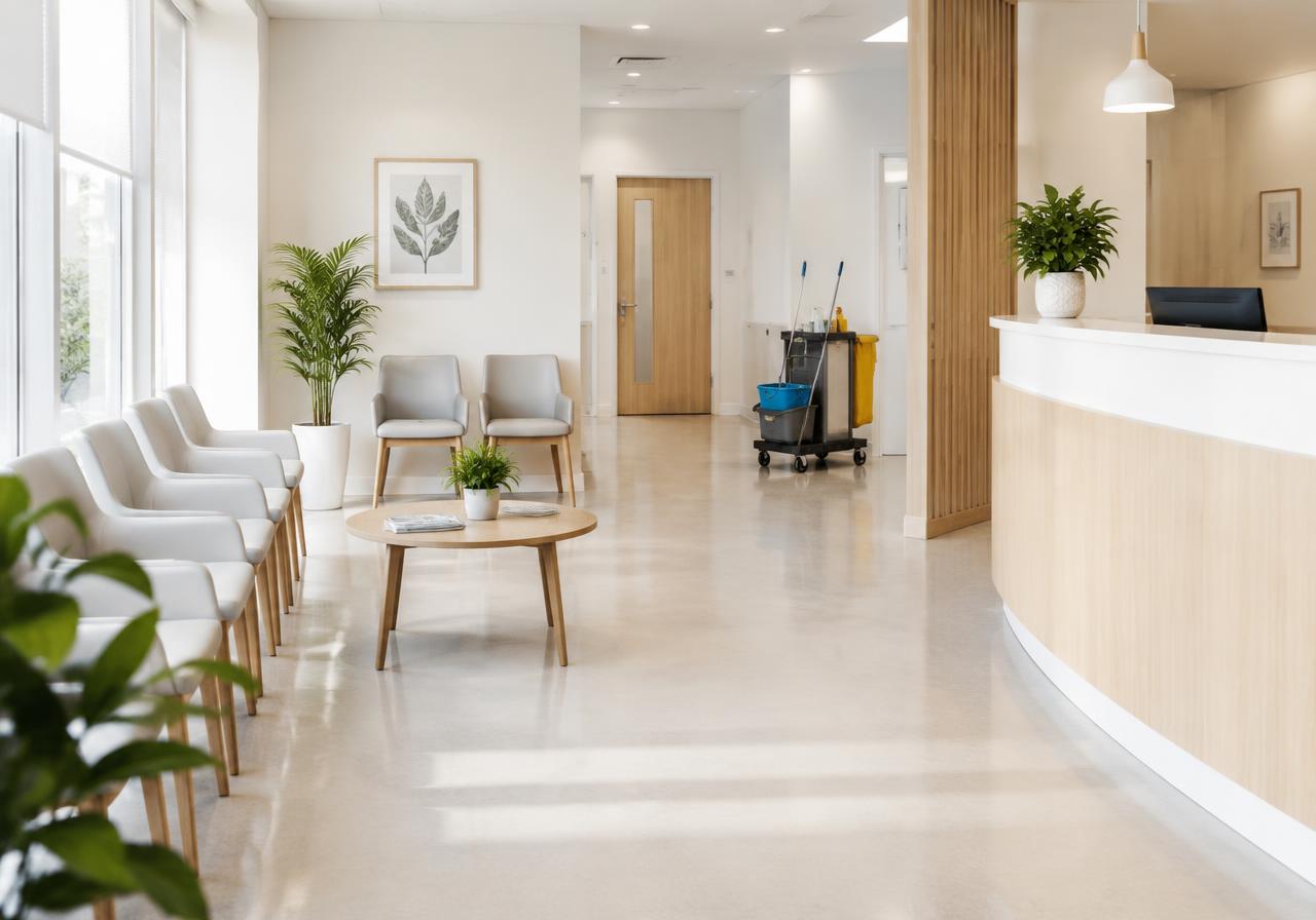 Calm, spotless private clinic waiting room and reception with a cleaning trolley