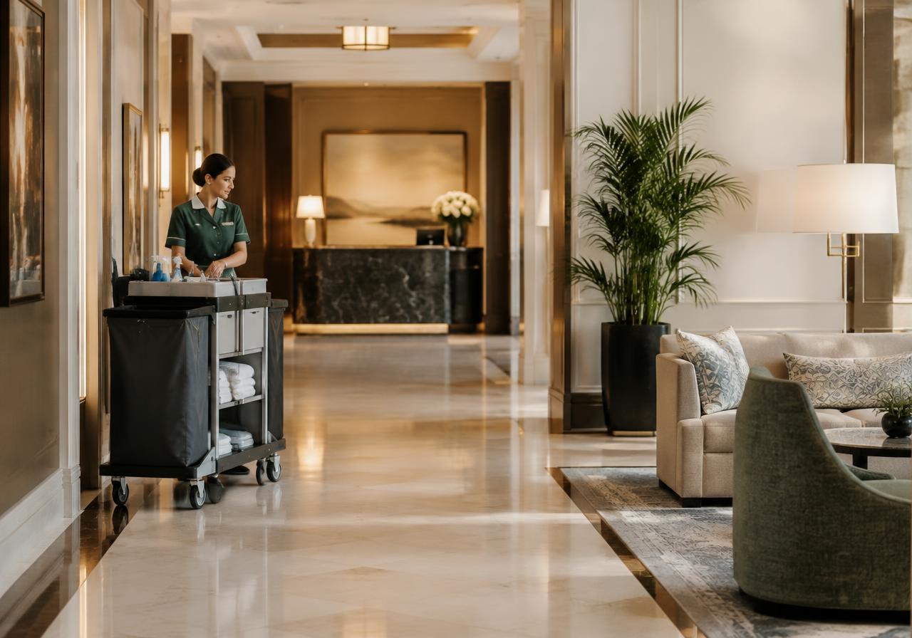 Housekeeper with a neat cleaning trolley in an elegant hotel corridor