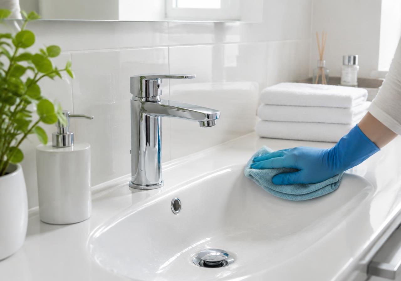 Gloved hand polishing a gleaming white bathroom basin beside folded towels