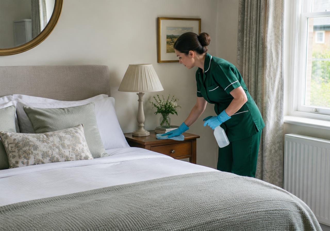 Cleaner in a green uniform dusting a bedside table in a calm, tidy bedroom