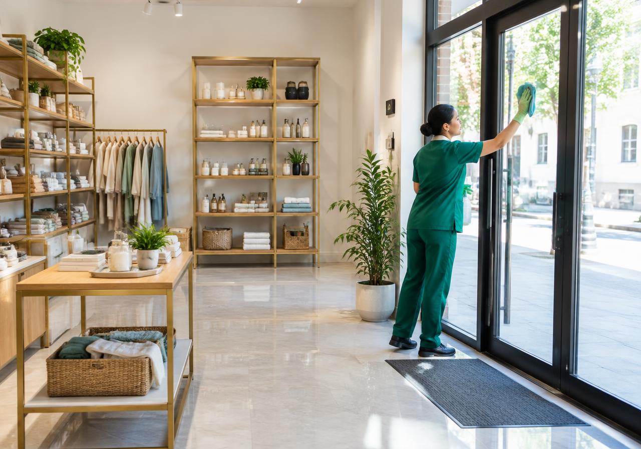 Cleaner wiping the glass entrance door of a bright boutique shop before opening