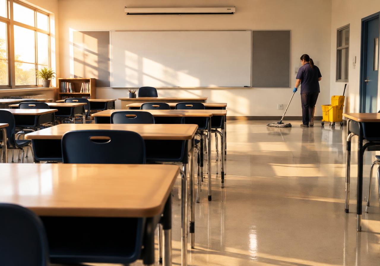 Empty, tidy classroom after hours with a cleaner mopping in the background