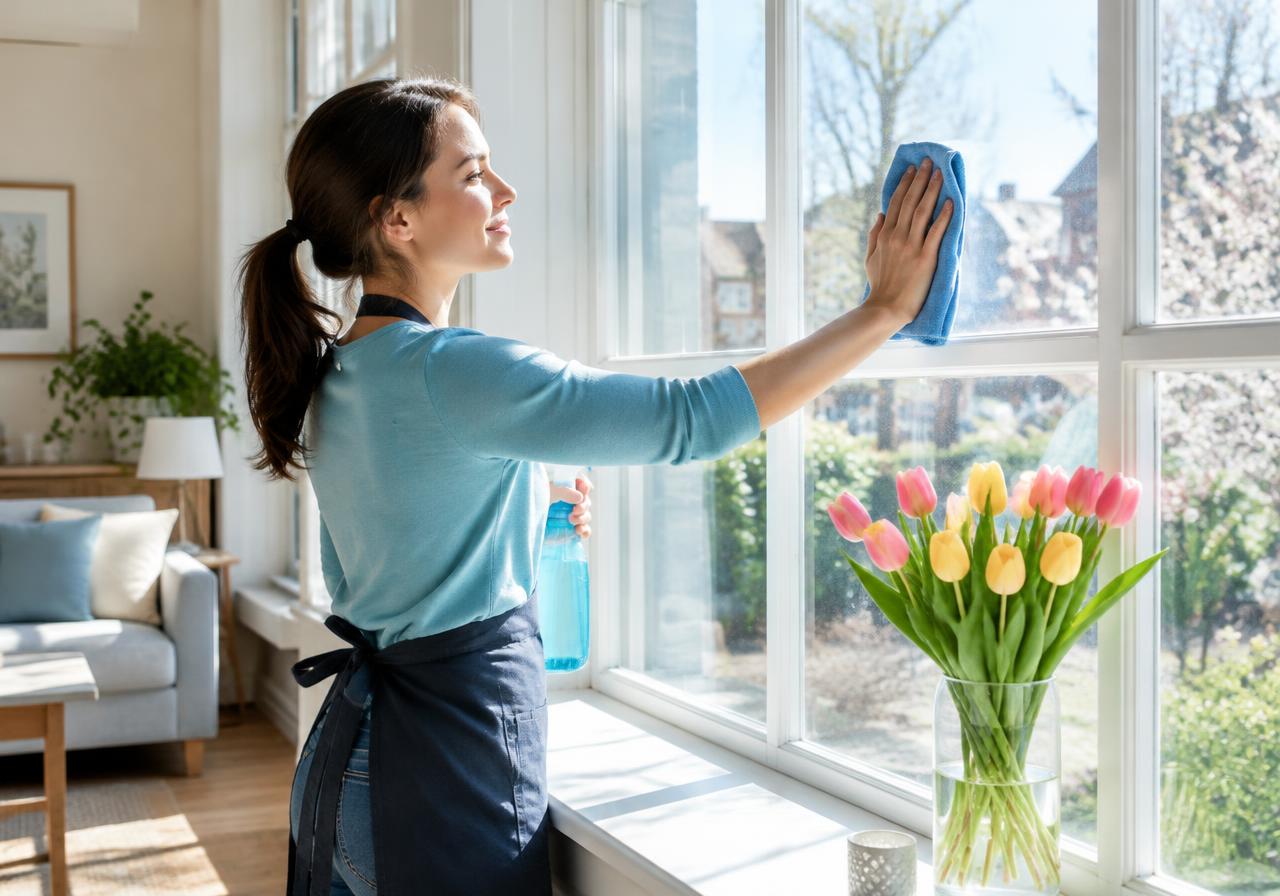 Cleaner wiping a large sunlit interior window beside a vase of tulips