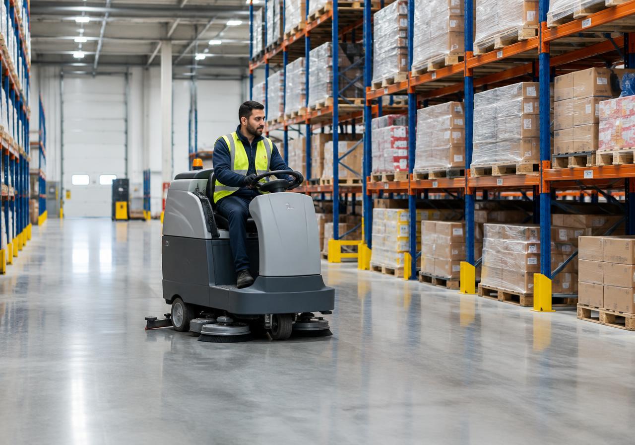 Operative in a hi-vis vest using a ride-on floor scrubber in a large warehouse